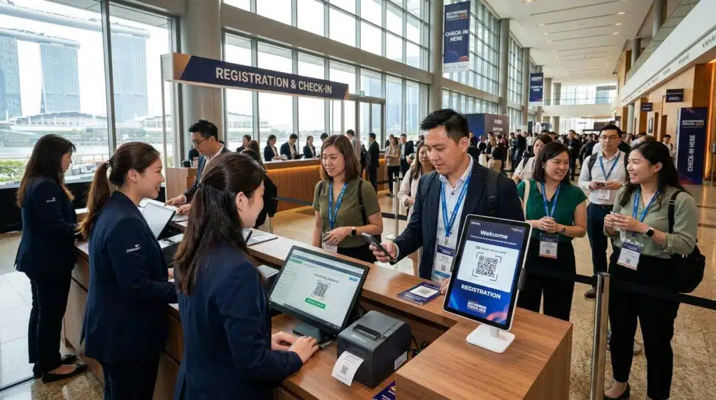 Staffed event registration desk with attendee lookup and badge handoff