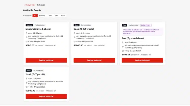 Pesta Sukan 2026 registration page on Klobbi showing different sporting events to register for